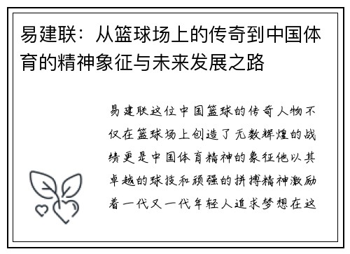易建联：从篮球场上的传奇到中国体育的精神象征与未来发展之路